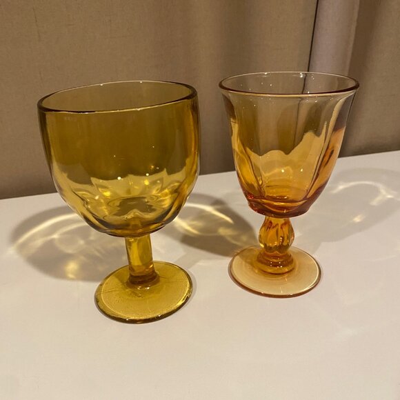 Vintage Amber Glass Goblets Set of 2 – 6 Tall Mixed Styles - Picture 3 of 5